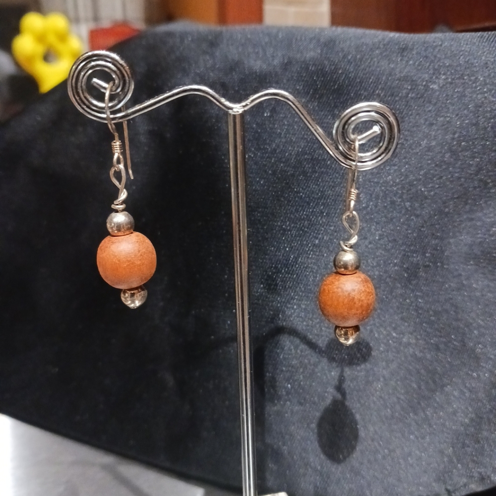 Vtg Women's Wood & Sterling Silver Dangle Drop Earrings 2.1g